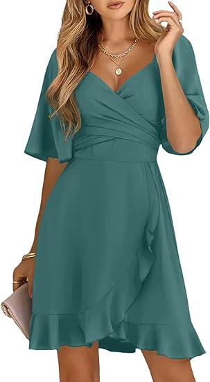 French Cross V - Neck Ruffle Dress, Waist - Fitted Asymmetric Hem Mini Dress(Sizes S - XL)