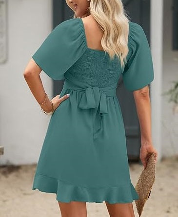 French Cross V - Neck Ruffle Dress, Waist - Fitted Asymmetric Hem Mini Dress(Sizes S - XL)