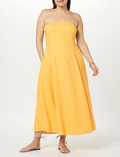 French Strapless Linen Dress, High - Waisted Slim - Fitted Maxi Dress with Large Skirt(Sizes S - XL)
