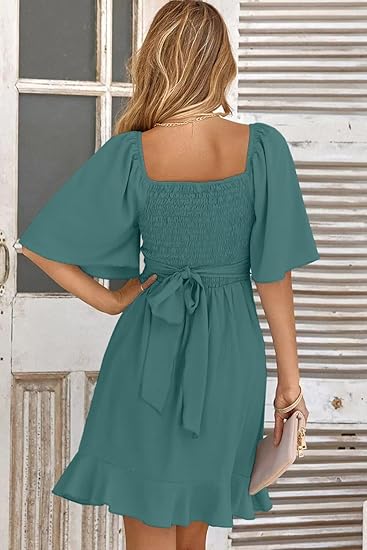 French Cross V - Neck Ruffle Dress, Waist - Fitted Asymmetric Hem Mini Dress(Sizes S - XL)