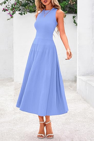 Minimalist Sleeveless Waist - Fitted Dress, Elegant Pleated Maxi Dress(Sizes S - XL)