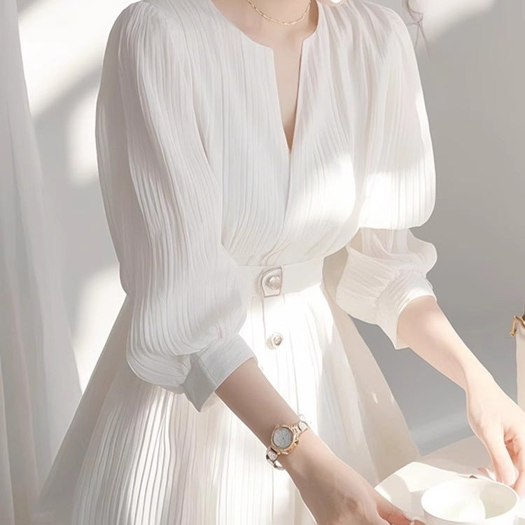 French Elegant V - Neck Dress, Waist - Fitted Lantern - Sleeve Temperament Midi Dress(Sizes S - XL)