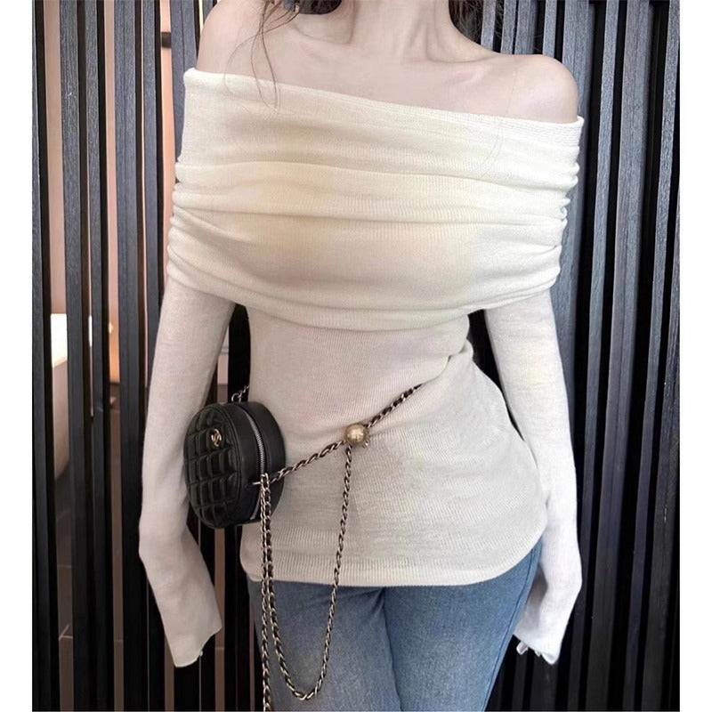 Elegant Off-Shoulder Slim Knit Top - Simple and Stylish, Perfect for Any Occasion