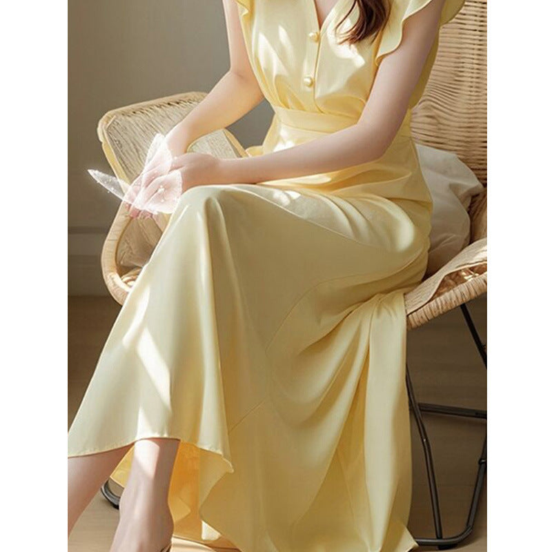 French Romantic Ruffle - Sleeve Dress, Waist - Fitted V - Neck Satin Maxi Dress(Sizes S - XL)