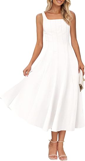 Minimalist Square Neck Sleeveless Dress, Loose Maxi Linen - Style Dress（Sizes S - XL）