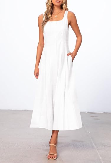 Minimalist Square Neck Sleeveless Dress, Loose Maxi Linen - Style Dress（Sizes S - XL）