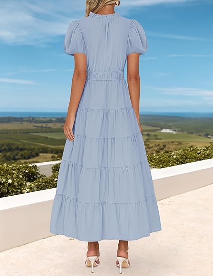 Fresh V - Neck Puff - Sleeve Dress, Waist - Fitted Tiered Maxi Dress（Sizes S - XL）