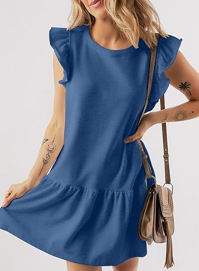 Sweet Ruffle - Sleeve Dress, Loose Slim - Fitted Crew - Neck Short A - Line Dress（Sizes S - XL）