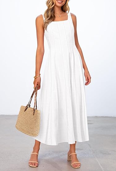 Minimalist Square Neck Sleeveless Dress, Loose Maxi Linen - Style Dress（Sizes S - XL）