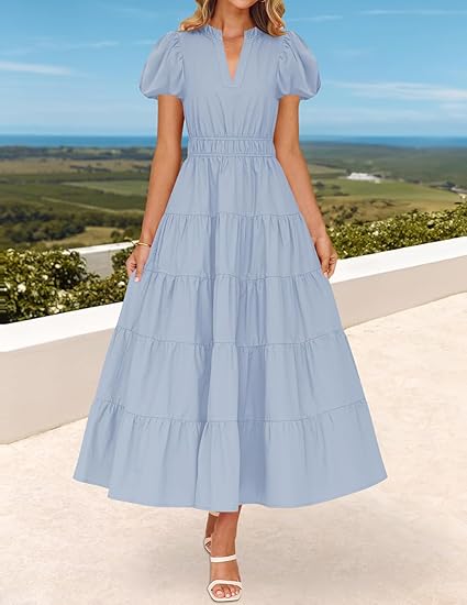 Fresh V - Neck Puff - Sleeve Dress, Waist - Fitted Tiered Maxi Dress（Sizes S - XL）