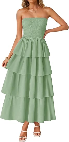 Romantic Strapless Tiered Cake Dress, High - Waisted Maxi Dress（Sizes S - XL）