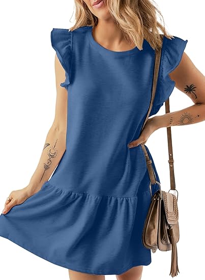 Sweet Ruffle - Sleeve Dress, Loose Slim - Fitted Crew - Neck Short A - Line Dress（Sizes S - XL）