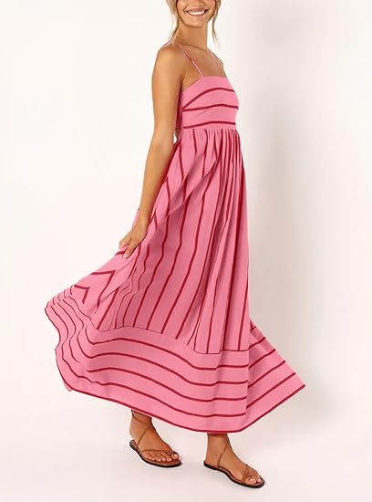 Vacation - Style Striped Slip Dress, High - Waisted Maxi Dress（Sizes S - XL）