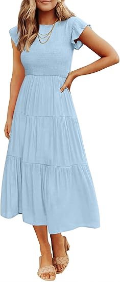 Fresh Style Flutter - Sleeve Dress, High - Waisted Slim - Fitted Tiered Maxi Dress（Sizes S - XL）