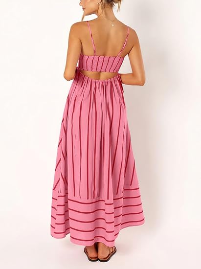 Vacation - Style Striped Slip Dress, High - Waisted Maxi Dress（Sizes S - XL）