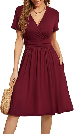 Elegant V - Neck Short - Sleeve Dress, Waist - Fitted A - Line Dress（Sizes S - XL）