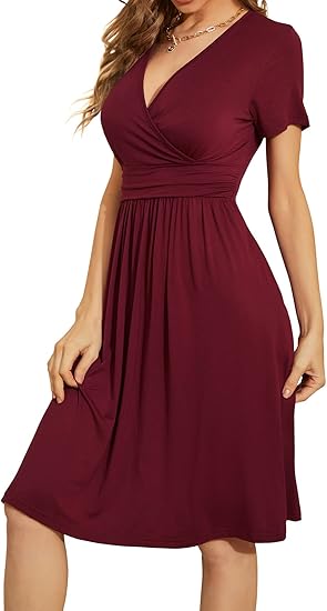 Elegant V - Neck Short - Sleeve Dress, Waist - Fitted A - Line Dress（Sizes S - XL）