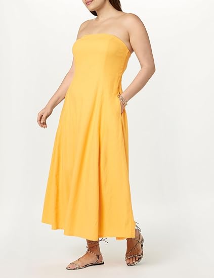 French Strapless Linen Dress, High - Waisted Slim - Fitted Maxi Dress with Large Skirt（Sizes S - XL）