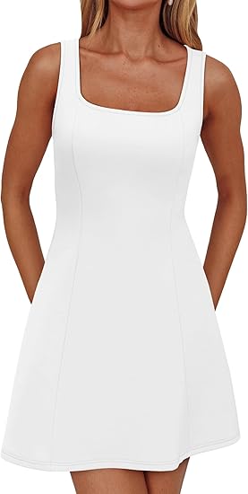 Minimalist Square Neck Sleeveless Dress, Slim - Fitted A - Line Mini Dress（Sizes S - XL）