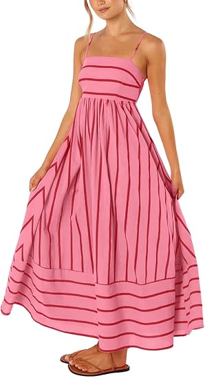 Vacation - Style Striped Slip Dress, High - Waisted Maxi Dress（Sizes S - XL）