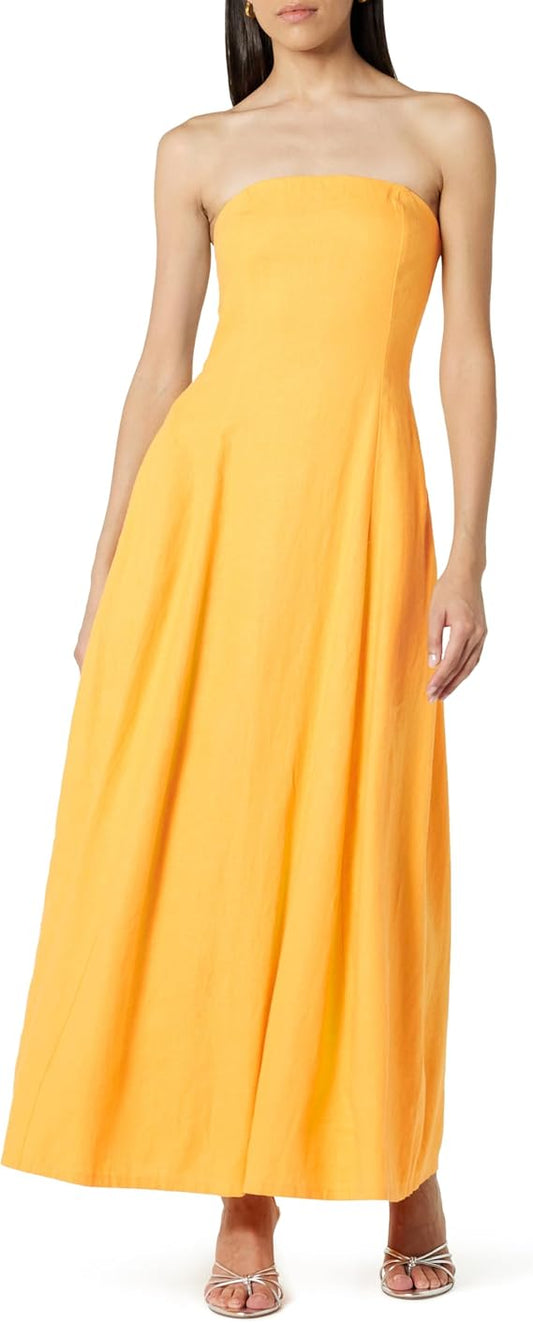 French Strapless Linen Dress, High - Waisted Slim - Fitted Maxi Dress with Large Skirt（Sizes S - XL）