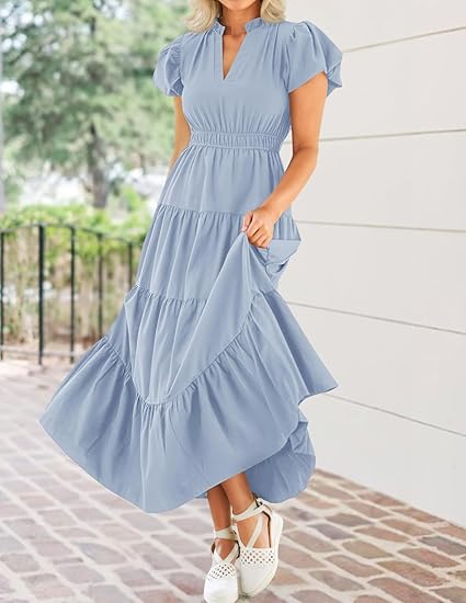 Fresh V - Neck Puff - Sleeve Dress, Waist - Fitted Tiered Maxi Dress（Sizes S - XL）