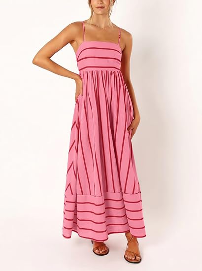 Vacation - Style Striped Slip Dress, High - Waisted Maxi Dress（Sizes S - XL）