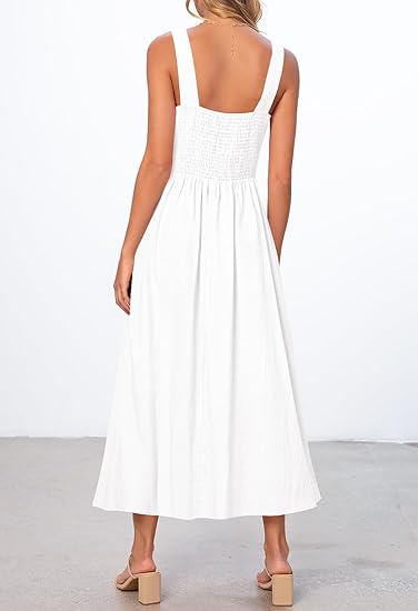 Minimalist Square Neck Sleeveless Dress, Loose Maxi Linen - Style Dress（Sizes S - XL）