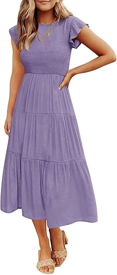 Sweet Ruffle - Sleeve Waist - Fitted Dress, Smocked Tiered Midi Dress（Sizes S - XL）