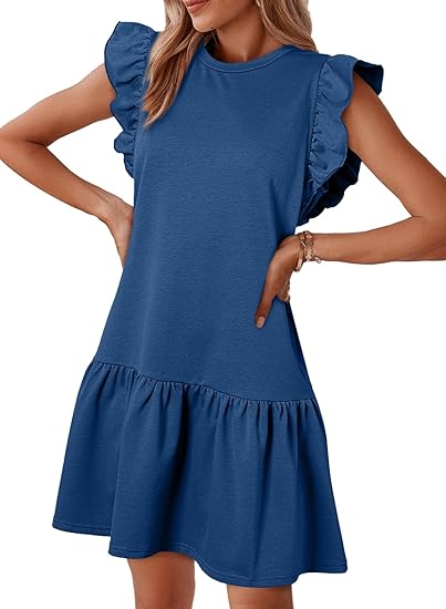 Sweet Ruffle - Sleeve Dress, Loose Slim - Fitted Crew - Neck Short A - Line Dress（Sizes S - XL）