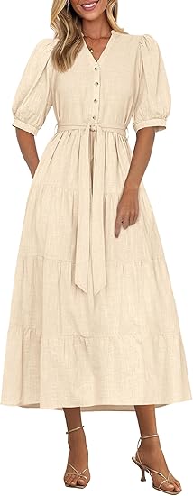 Vintage V - Neck Puff - Sleeve Dress, Waist - Tied Tiered Maxi Dress（Sizes S - XL）