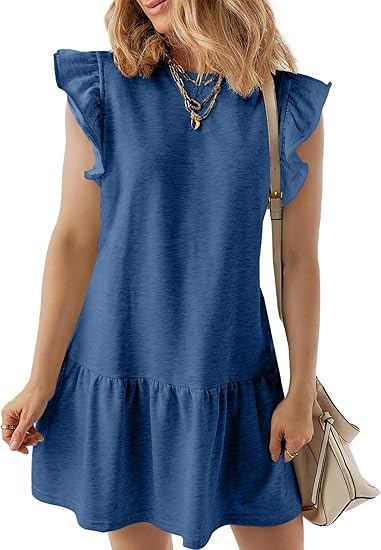 Sweet Ruffle - Sleeve Dress, Loose Slim - Fitted Crew - Neck Short A - Line Dress（Sizes S - XL）