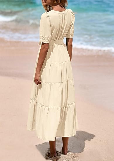 Vintage V - Neck Puff - Sleeve Dress, Waist - Tied Tiered Maxi Dress（Sizes S - XL）
