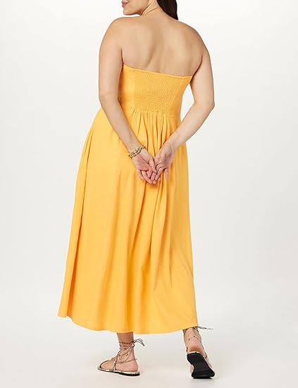 French Strapless Linen Dress, High - Waisted Slim - Fitted Maxi Dress with Large Skirt（Sizes S - XL）
