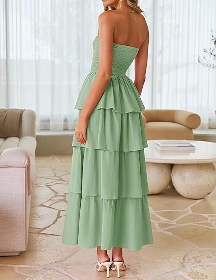 Romantic Strapless Tiered Cake Dress, High - Waisted Maxi Dress（Sizes S - XL）