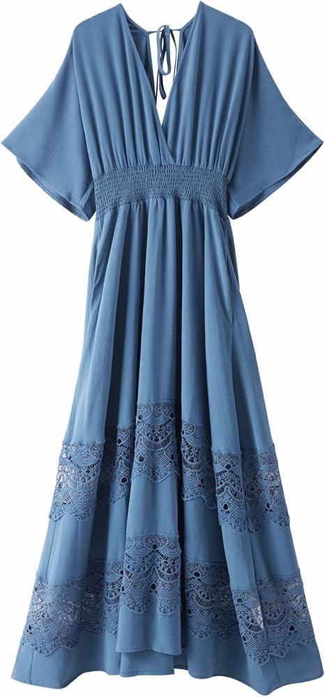 Bohemian V - Neck Lace - Paneled Dress, Waist - Fitted Maxi Dress with Big Swing（Sizes S - XL）