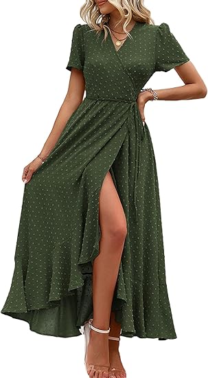 Bohemian Polka Dot Wrap Dress, Slit Maxi Vacation Dress（Sizes S - XL）