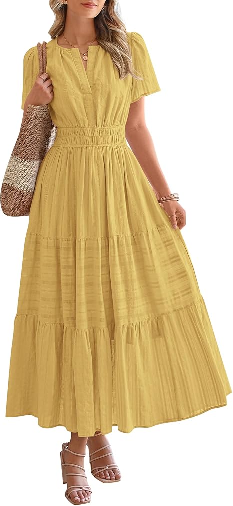 Vintage V - Neck Waist - Fitted Dress, Fresh Yellow Short - Sleeve Maxi Dress with Big Swing（Sizes S - XL）