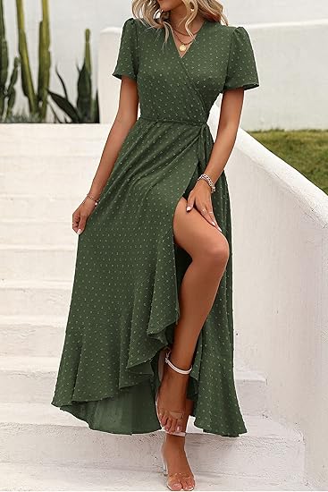 Bohemian Polka Dot Wrap Dress, Slit Maxi Vacation Dress（Sizes S - XL）
