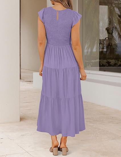 Sweet Ruffle - Sleeve Waist - Fitted Dress, Smocked Tiered Midi Dress（Sizes S - XL）