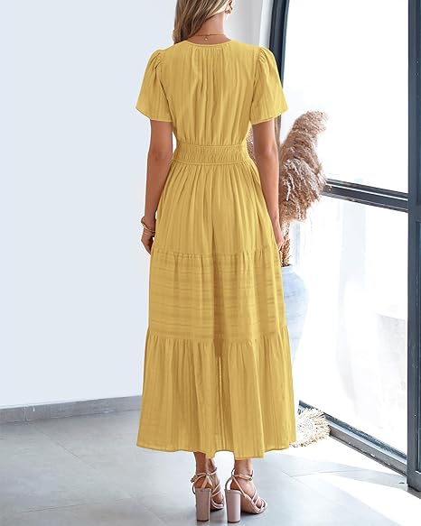 Vintage V - Neck Waist - Fitted Dress, Fresh Yellow Short - Sleeve Maxi Dress with Big Swing（Sizes S - XL）