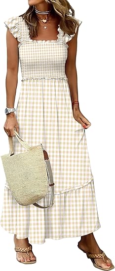 French Vintage Checkered Square Neck Dress, Ruffle - Trimmed Tiered Midi Dress（Sizes S - XL）