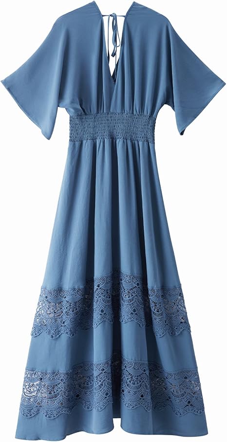 Bohemian V - Neck Lace - Paneled Dress, Waist - Fitted Maxi Dress with Big Swing（Sizes S - XL）