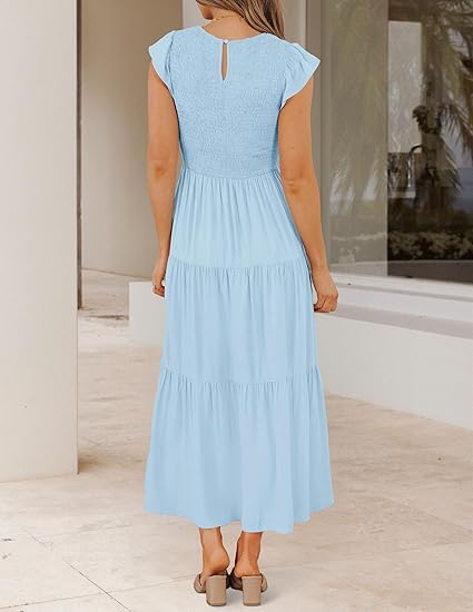 Fresh Style Flutter - Sleeve Dress, High - Waisted Slim - Fitted Tiered Maxi Dress（Sizes S - XL）