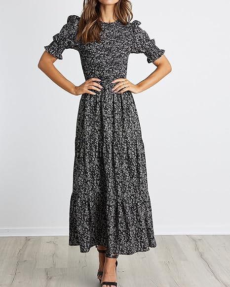 Vintage Floral Puff - Sleeve Dress, Waist - Fitted Tiered Maxi Dress（Sizes S - XL）