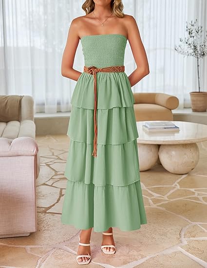 Romantic Strapless Tiered Cake Dress, High - Waisted Maxi Dress（Sizes S - XL）