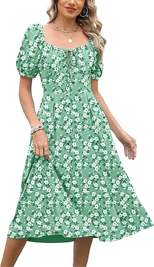 French Square Neck Puff - Sleeve Floral Dress, Waist - Fitted Midi Dress（Sizes S - XL）