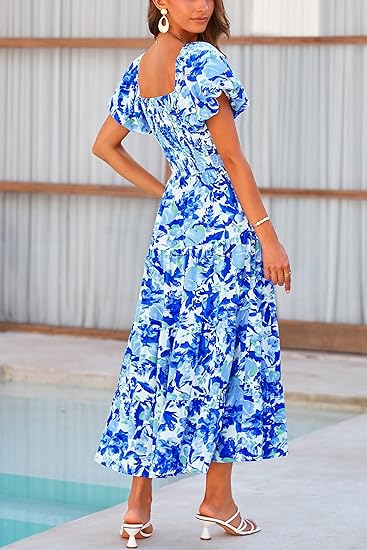 French Square Neck Puff - Sleeve Dress, High - Waisted Floral Maxi Dress（Sizes S - XL）