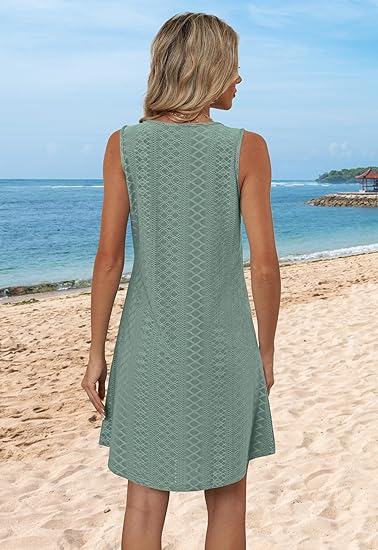 Vintage Crochet Sleeveless Dress, Loose V - Neck Solid Color Beach Dress（Sizes S - XL）