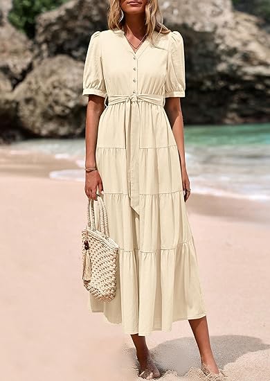 Vintage V - Neck Puff - Sleeve Dress, Waist - Tied Tiered Maxi Dress（Sizes S - XL）